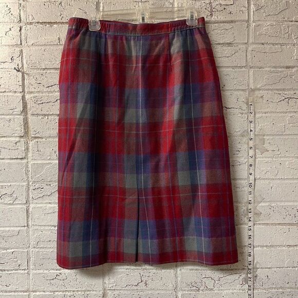 Vintage Personal Skirt Navy Red Plaid Pleated Midi Wool Blend 14 - Picture 4 of 10